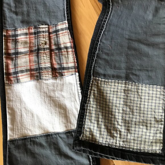 Upcycled Patchwork Jeans, Size 12: Black Grunge Hippie Pants, Tattered Patches - Picture 4 of 12